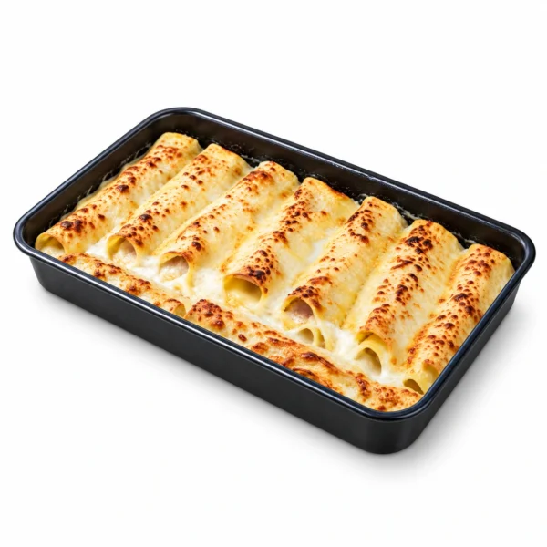 Canelones gratinados de elaboración propia de Can Pep Gourmet, presentación sobre fondo blanco