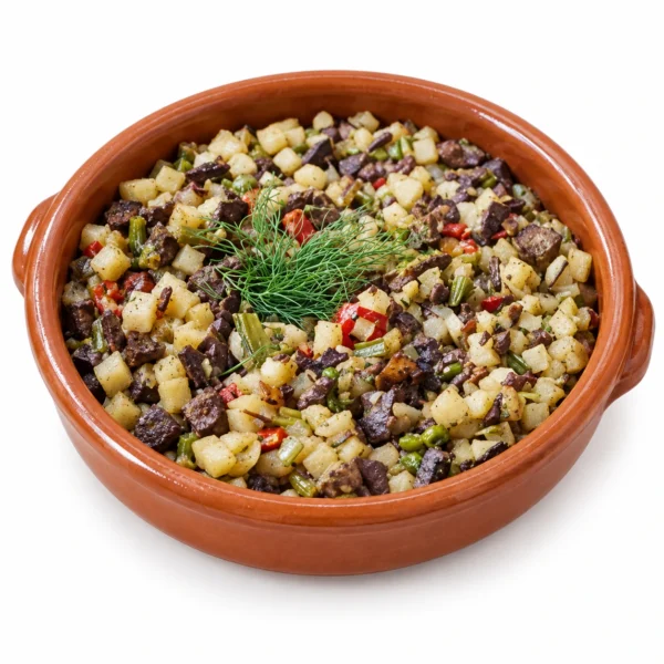 Frito mallorquín de Can Pep Gourmet, presentación en cazuela sobre fondo blanco