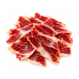 Jamón Serrano Ibérico Cortado a Mano 100 g sobre fondo blanco