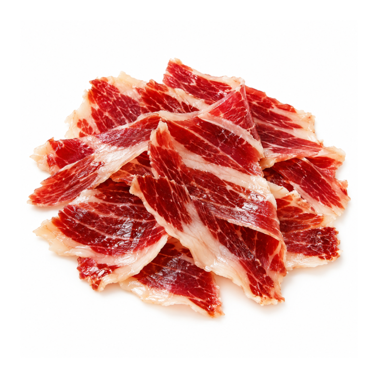 Jamón Serrano Ibérico Cortado a Mano 100 g sobre fondo blanco